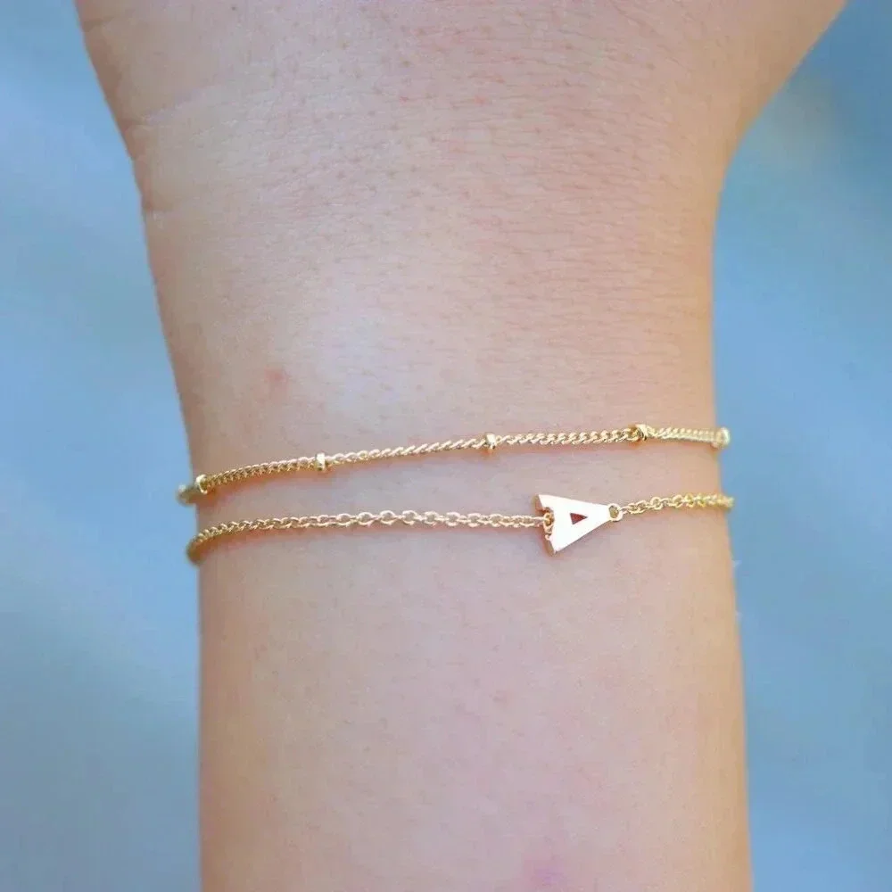 ▶ LIMITED EDITION!! Letter A-Z Initial Gold Bracelet 2 Layered Chain, ELDM22188 - Picture 5 of 16